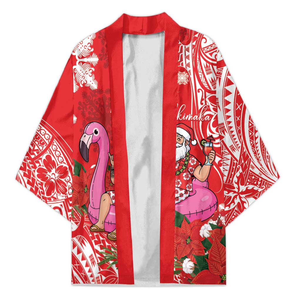 Personalized Hawaii Christmas Kimono Mele Kalikimaka Chilling Shaka Santa Flamingo LT14 Unisex Red - Polynesian Pride