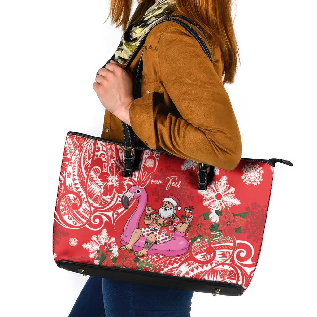 Personalized Hawaii Christmas Leather Tote Bag Mele Kalikimaka Chilling Shaka Santa Flamingo - Polynesian Pride