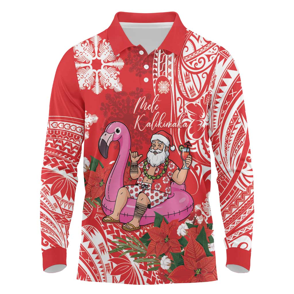 Personalized Hawaii Christmas Long Sleeve Polo Shirt Mele Kalikimaka Chilling Shaka Santa Flamingo - Polynesian Pride