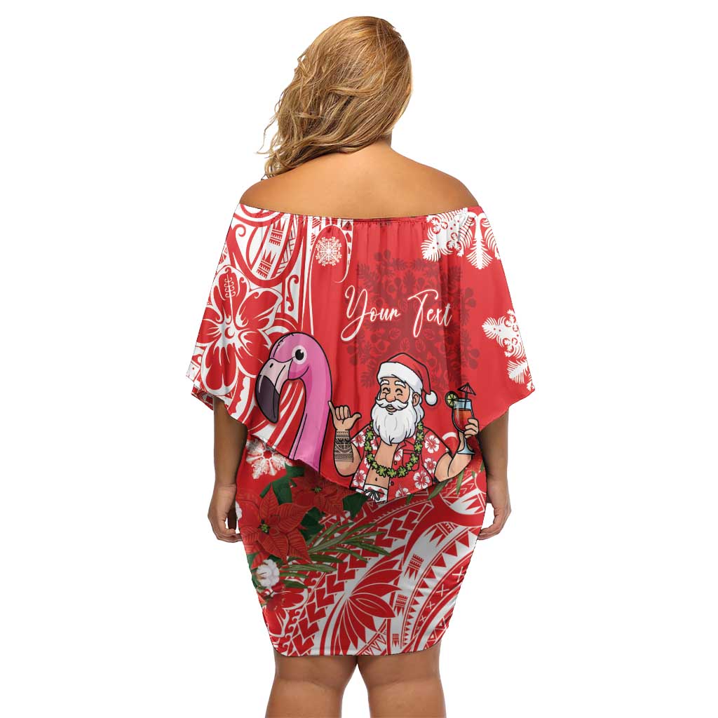 Personalized Hawaii Christmas Off Shoulder Short Dress Mele Kalikimaka Chilling Shaka Santa Flamingo - Polynesian Pride