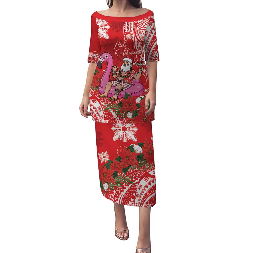 Personalized Hawaii Christmas Puletasi Mele Kalikimaka Chilling Shaka Santa Flamingo LT14 Long Dress Red - Polynesian Pride