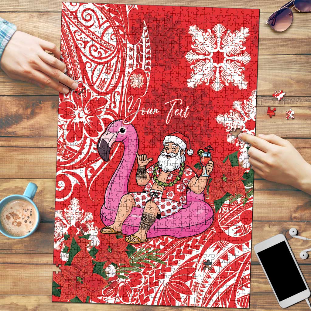 Personalized Hawaii Christmas Puzzle Mele Kalikimaka Chilling Shaka Santa Flamingo LT14 Red - Polynesian Pride