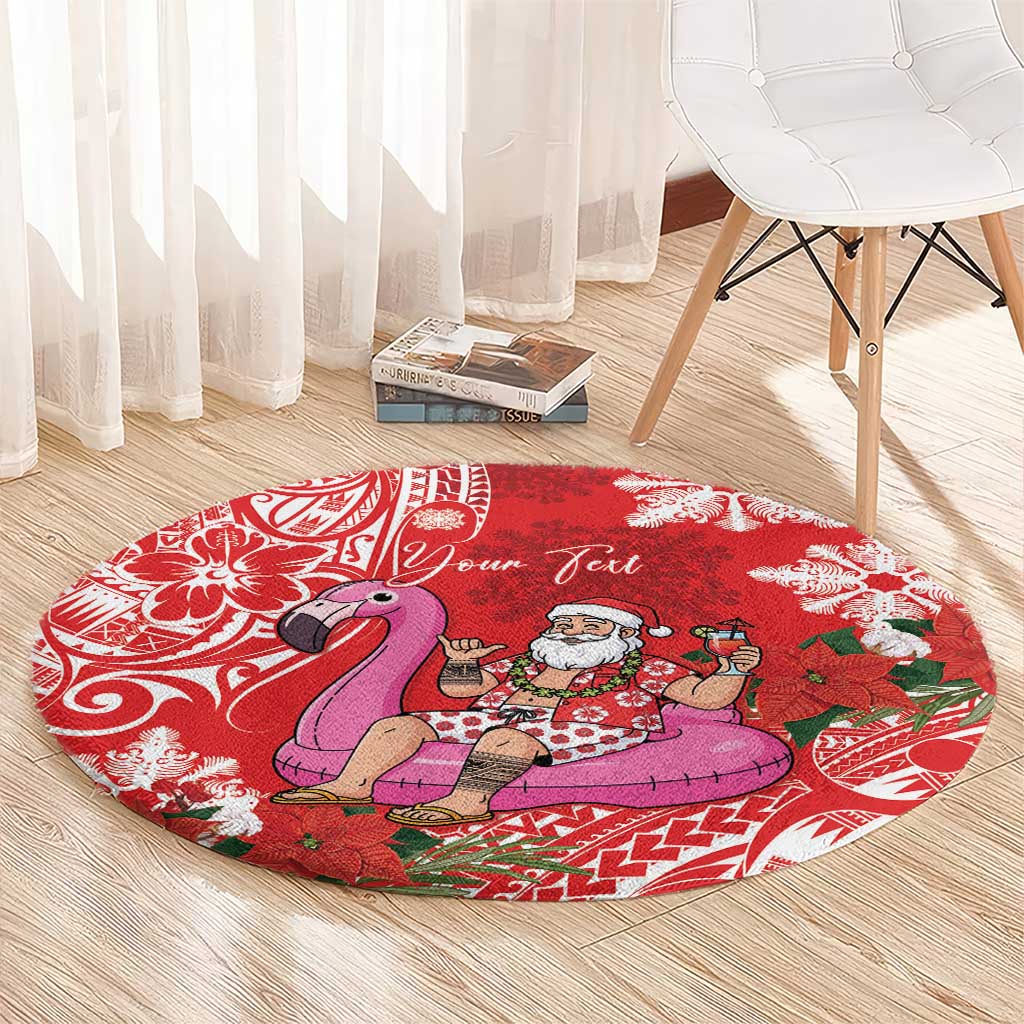 Personalized Hawaii Christmas Round Carpet Mele Kalikimaka Chilling Shaka Santa Flamingo - Polynesian Pride