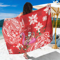 Personalized Hawaii Christmas Sarong Mele Kalikimaka Chilling Shaka Santa Flamingo - Polynesian Pride