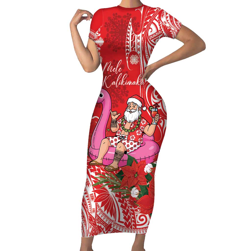 Personalized Hawaii Christmas Short Sleeve Bodycon Dress Mele Kalikimaka Chilling Shaka Santa Flamingo - Polynesian Pride