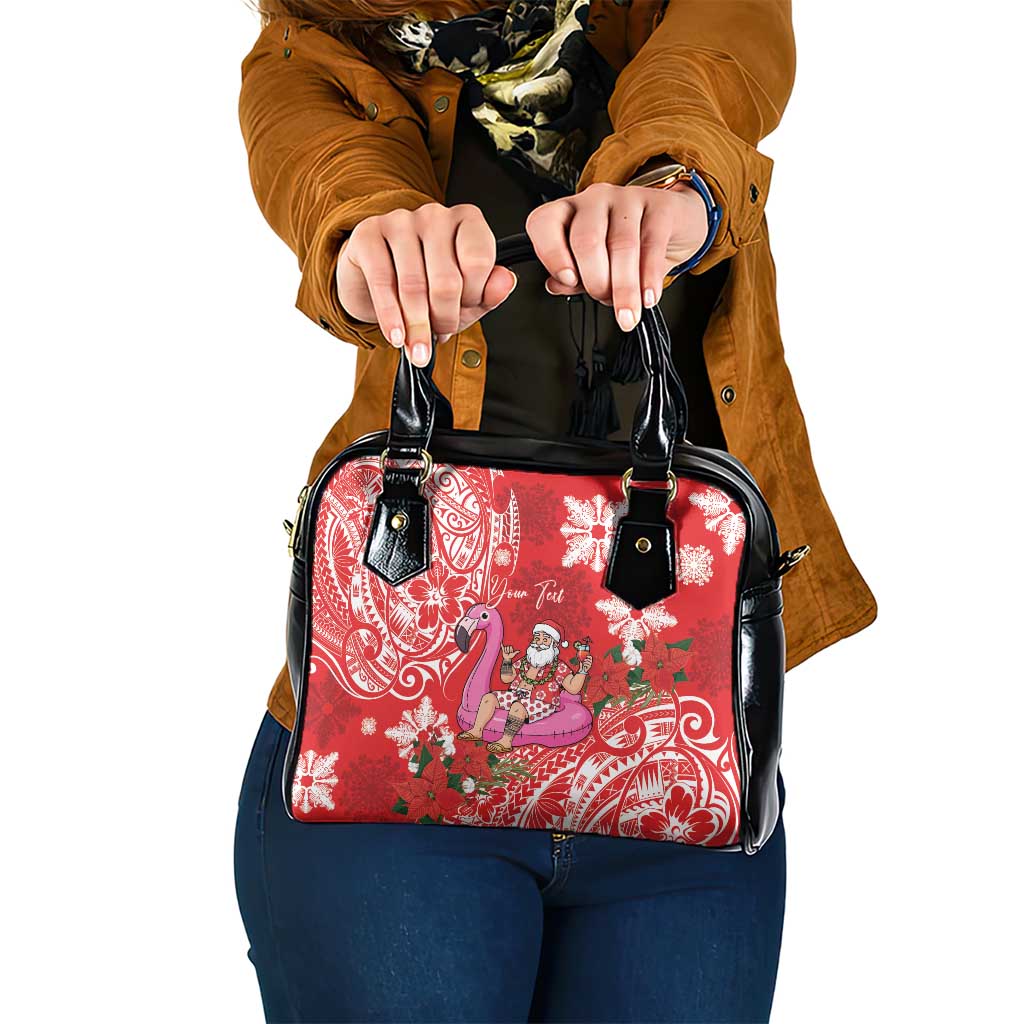 Personalized Hawaii Christmas Shoulder Handbag Mele Kalikimaka Chilling Shaka Santa Flamingo LT14 One Size Red - Polynesian Pride