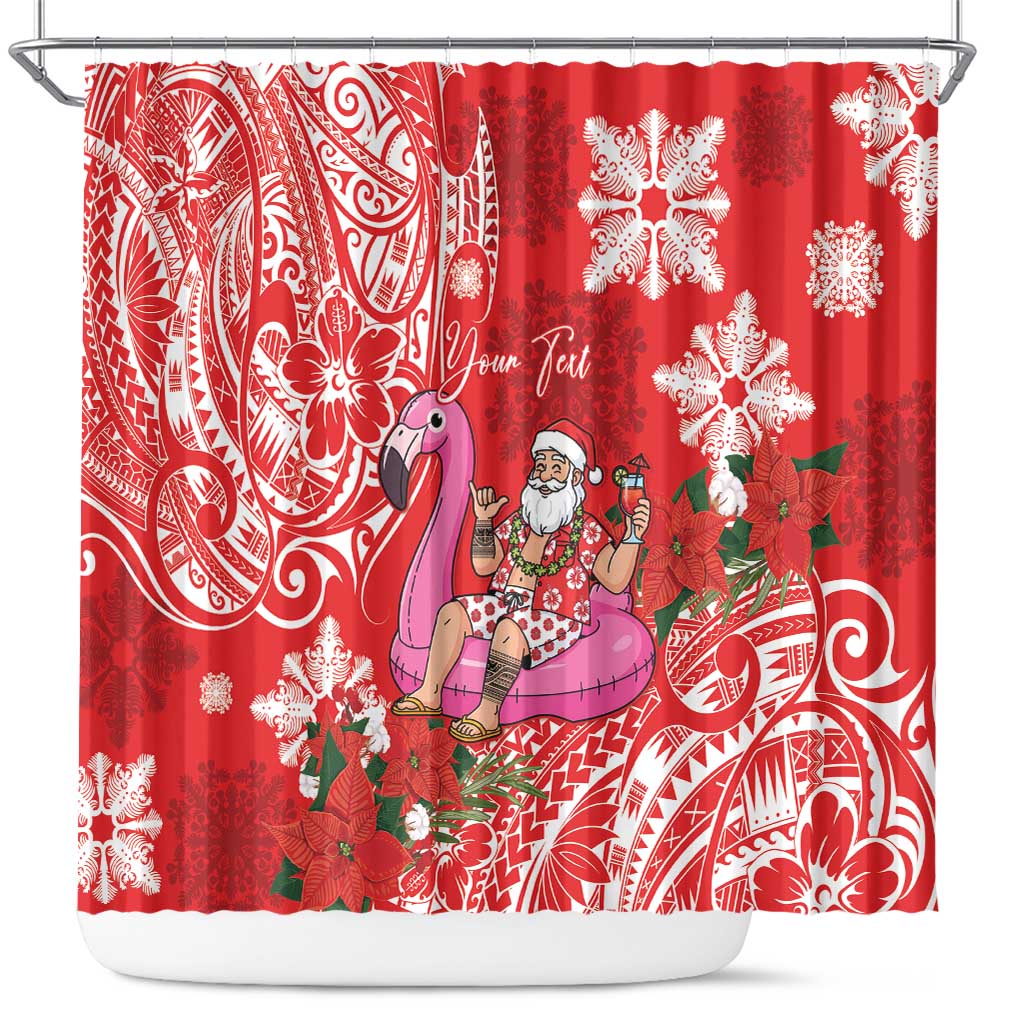 Personalized Hawaii Christmas Shower Curtain Mele Kalikimaka Chilling Shaka Santa Flamingo LT14 Red - Polynesian Pride