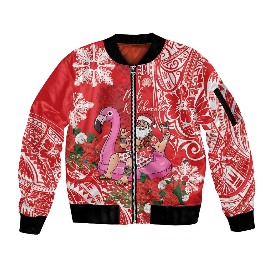 Personalized Hawaii Christmas Sleeve Zip Bomber Jacket Mele Kalikimaka Chilling Shaka Santa Flamingo LT14 Unisex Red - Polynesian Pride