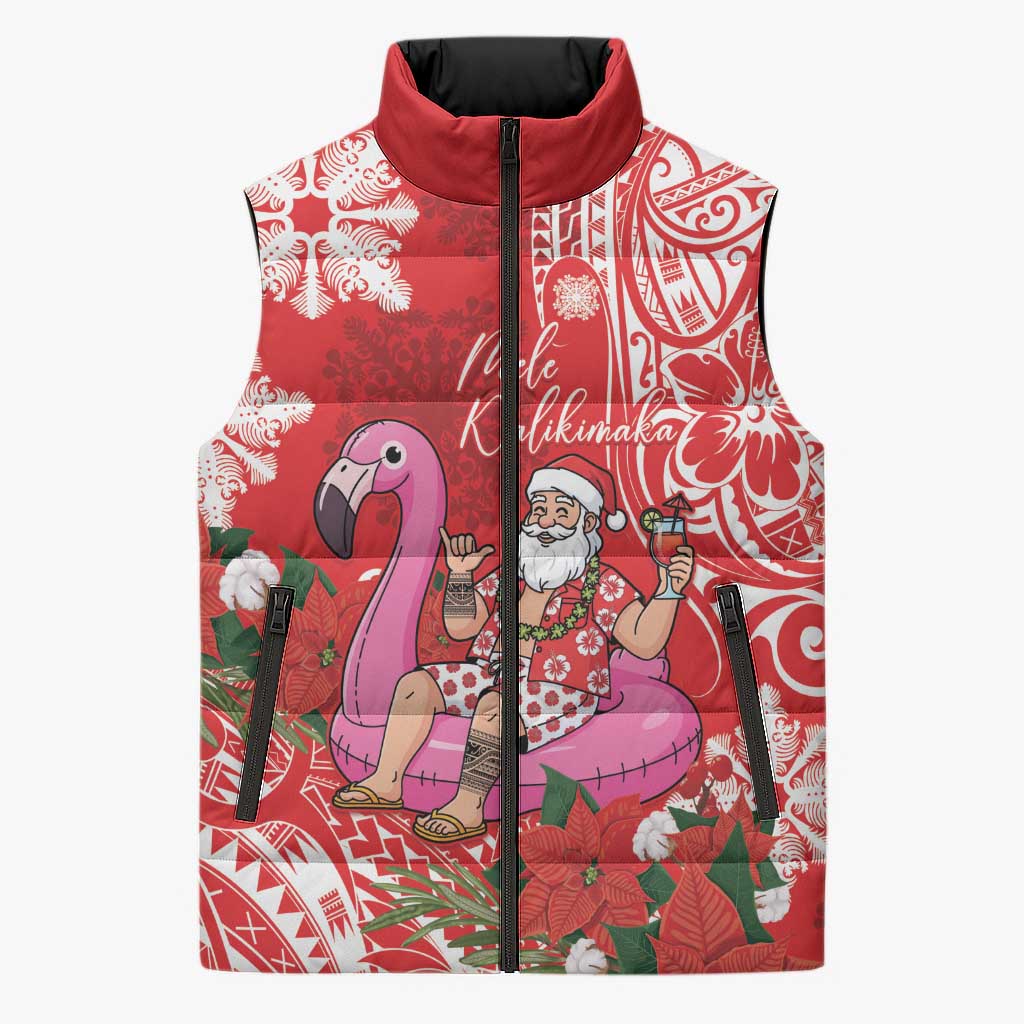 Personalized Hawaii Christmas Sleeveless Puffer Jacket Mele Kalikimaka Chilling Shaka Santa Flamingo LT14 Unisex Red - Polynesian Pride