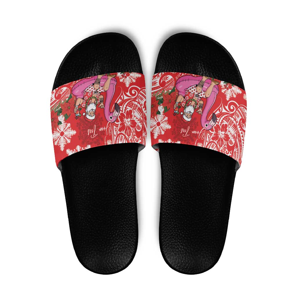 Personalized Hawaii Christmas Slide Sandals Mele Kalikimaka Chilling Shaka Santa Flamingo - Polynesian Pride