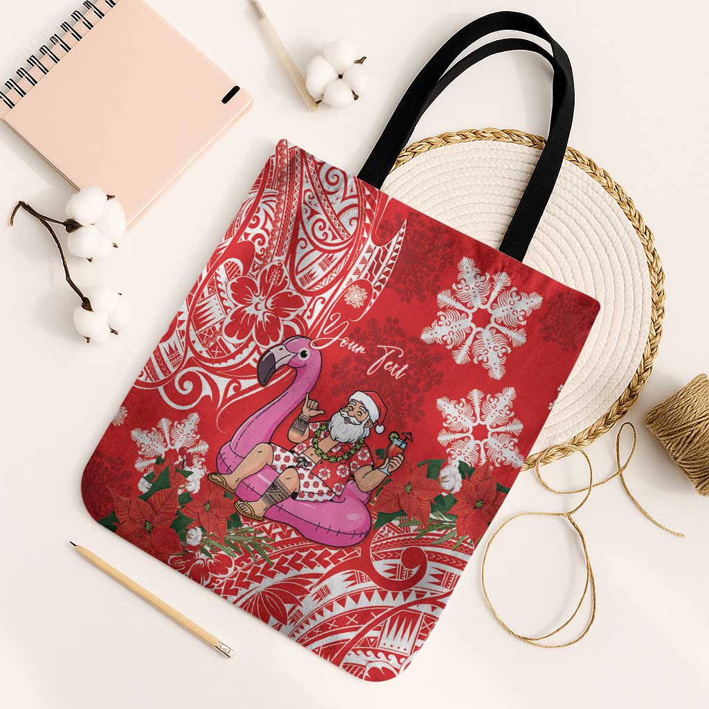 Personalized Hawaii Christmas Tote Bag Mele Kalikimaka Chilling Shaka Santa Flamingo - Polynesian Pride
