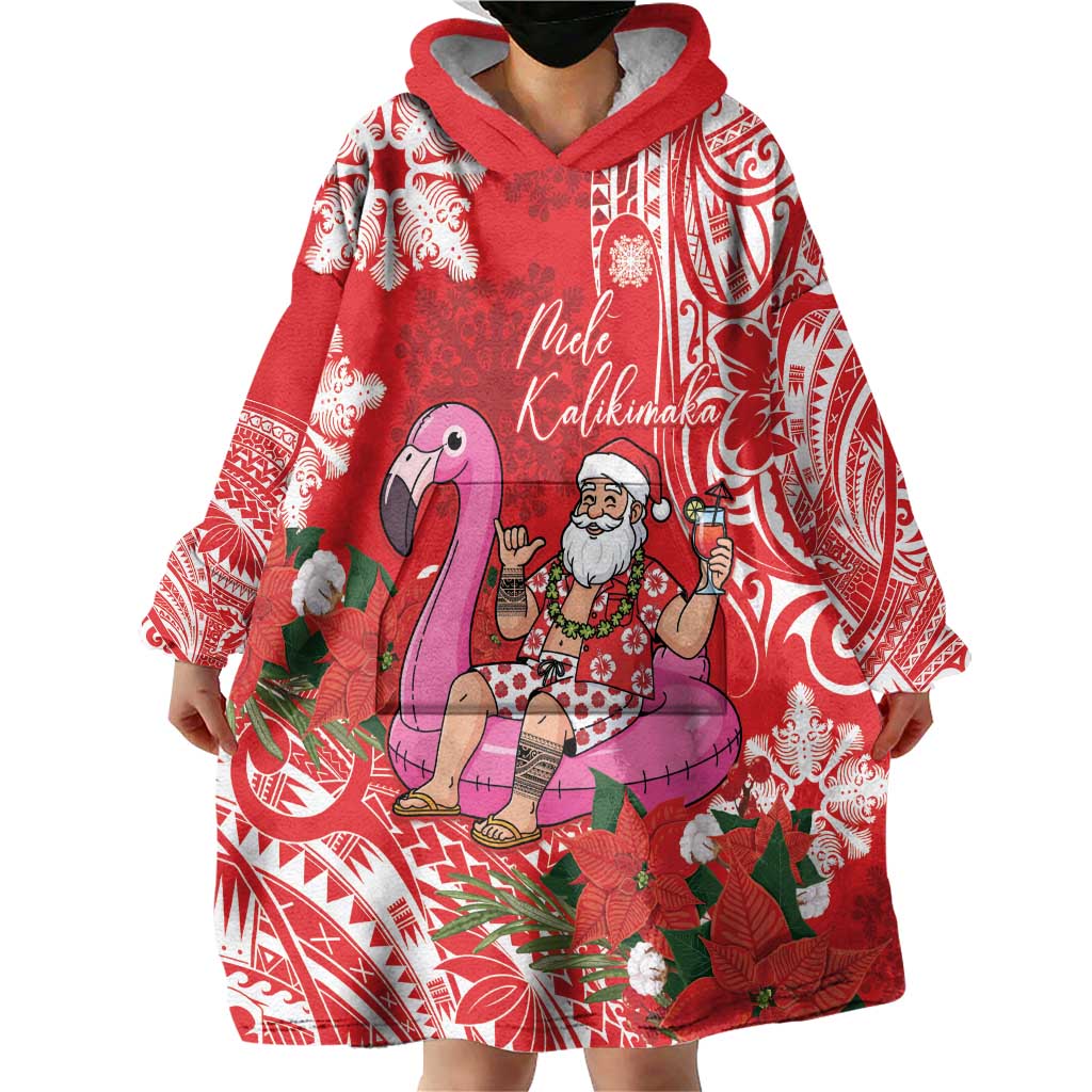 Personalized Hawaii Christmas Wearable Blanket Hoodie Mele Kalikimaka Chilling Shaka Santa Flamingo - Polynesian Pride