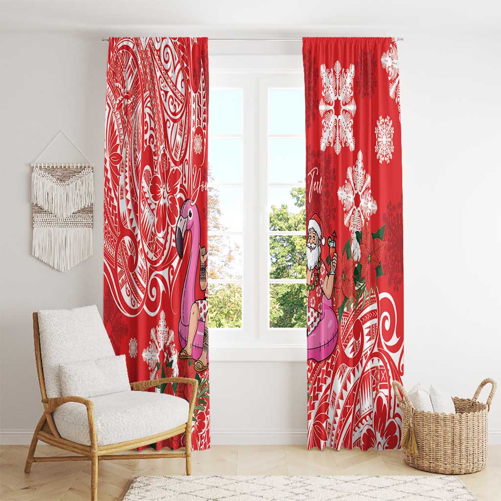 Personalized Hawaii Christmas Window Curtain Mele Kalikimaka Chilling Shaka Santa Flamingo - Polynesian Pride