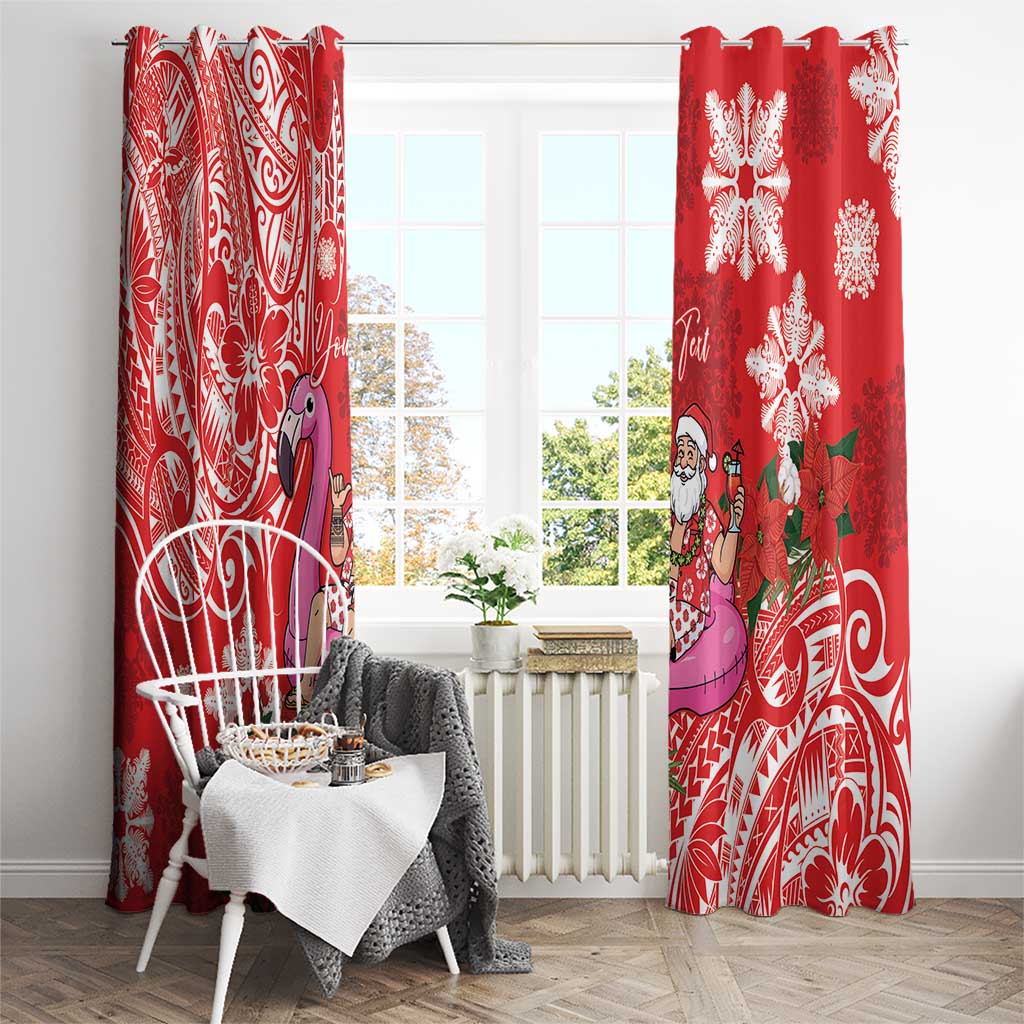 Personalized Hawaii Christmas Window Curtain Mele Kalikimaka Chilling Shaka Santa Flamingo - Polynesian Pride