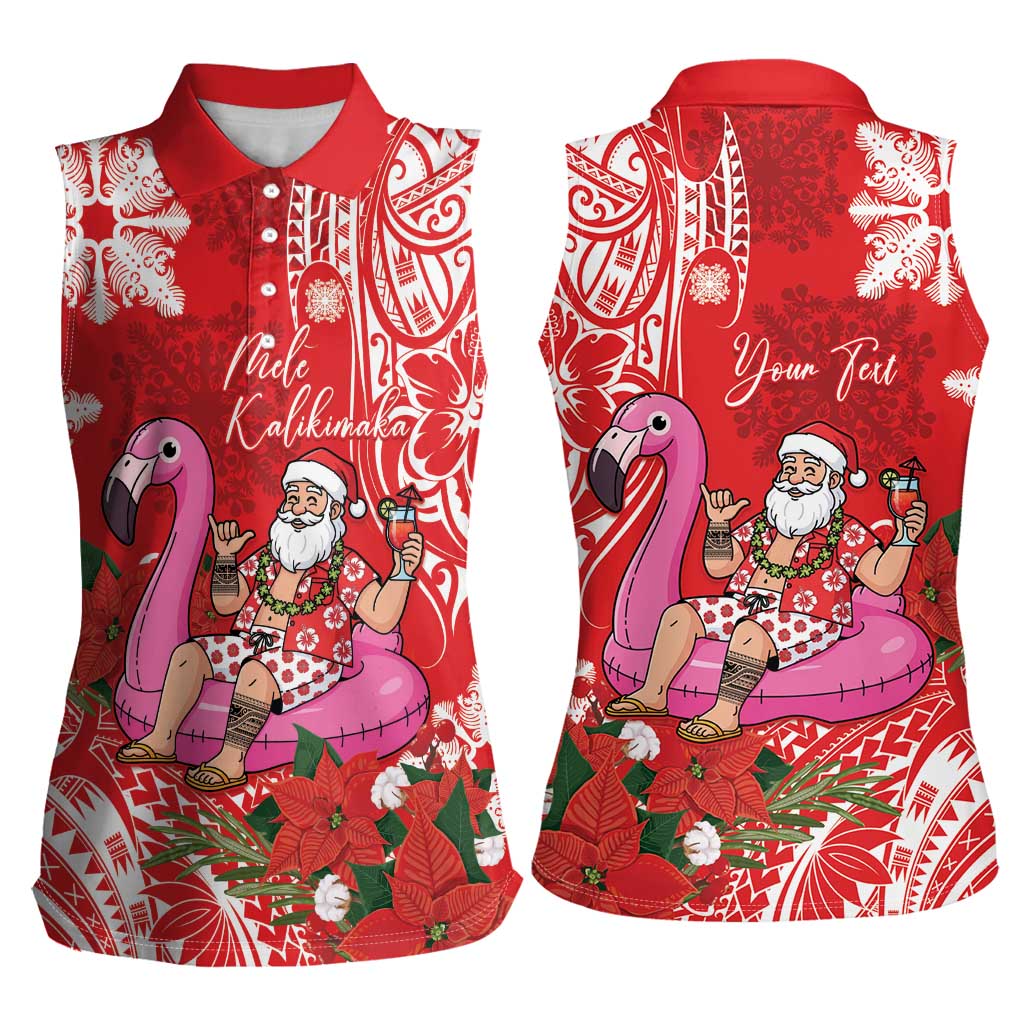Personalized Hawaii Christmas Women Sleeveless Polo Shirt Mele Kalikimaka Chilling Shaka Santa Flamingo - Polynesian Pride