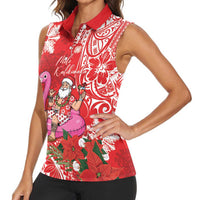 Personalized Hawaii Christmas Women Sleeveless Polo Shirt Mele Kalikimaka Chilling Shaka Santa Flamingo - Polynesian Pride