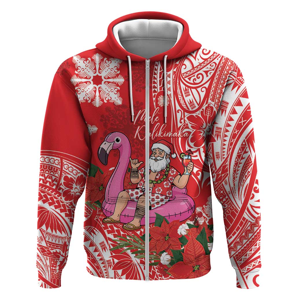 Personalized Hawaii Christmas Zip Hoodie Mele Kalikimaka Chilling Shaka Santa Flamingo - Polynesian Pride