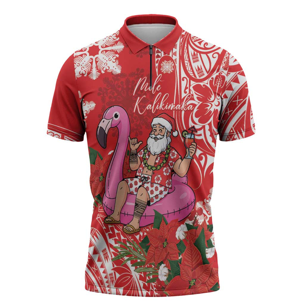 Personalized Hawaii Christmas Zipper Polo Shirt Mele Kalikimaka Chilling Shaka Santa Flamingo - Polynesian Pride
