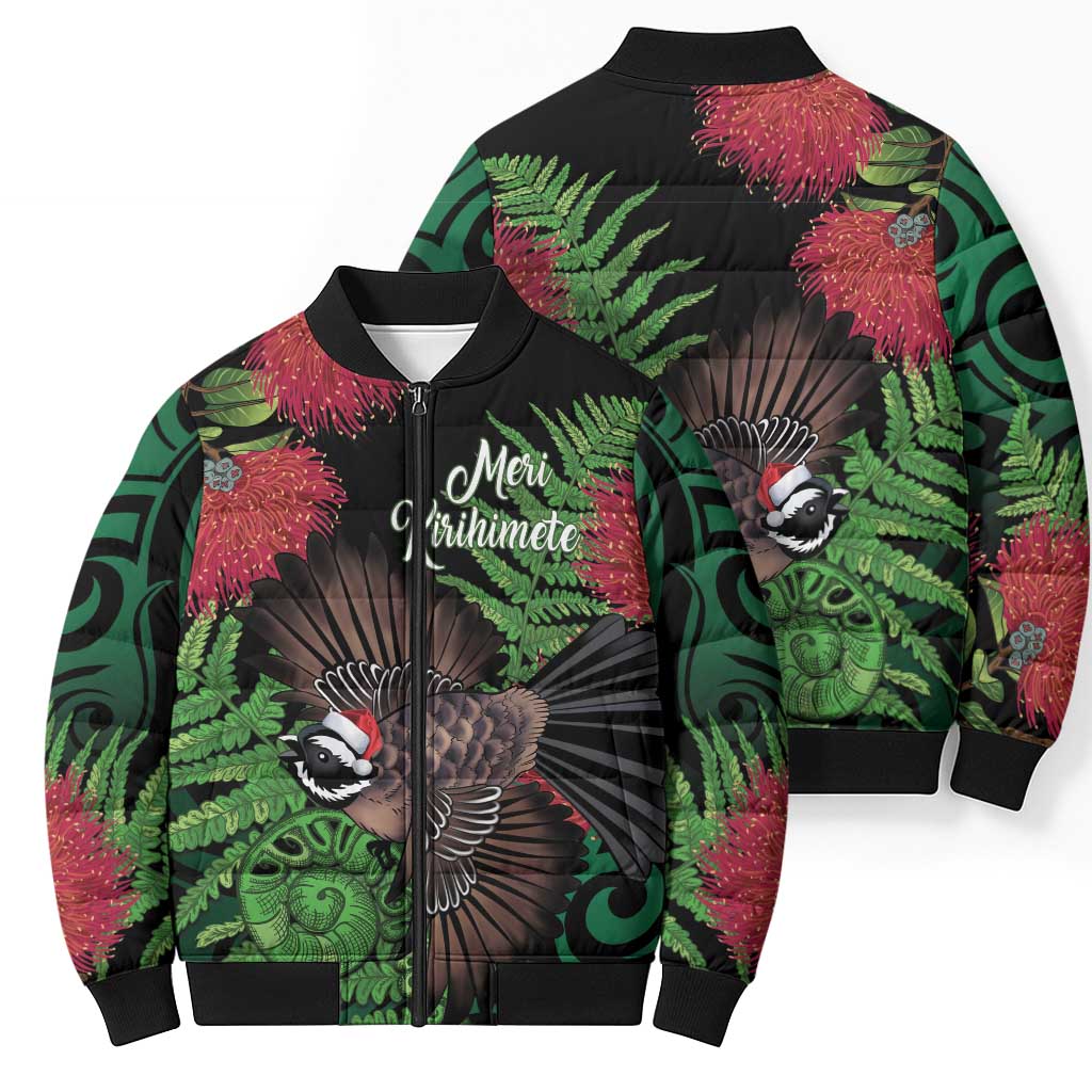Meri Kirihimete New Zealand Bomber Puffer Jacket Piwakawaka Koru Fern Mix Pohutukawa - Polynesian Pride