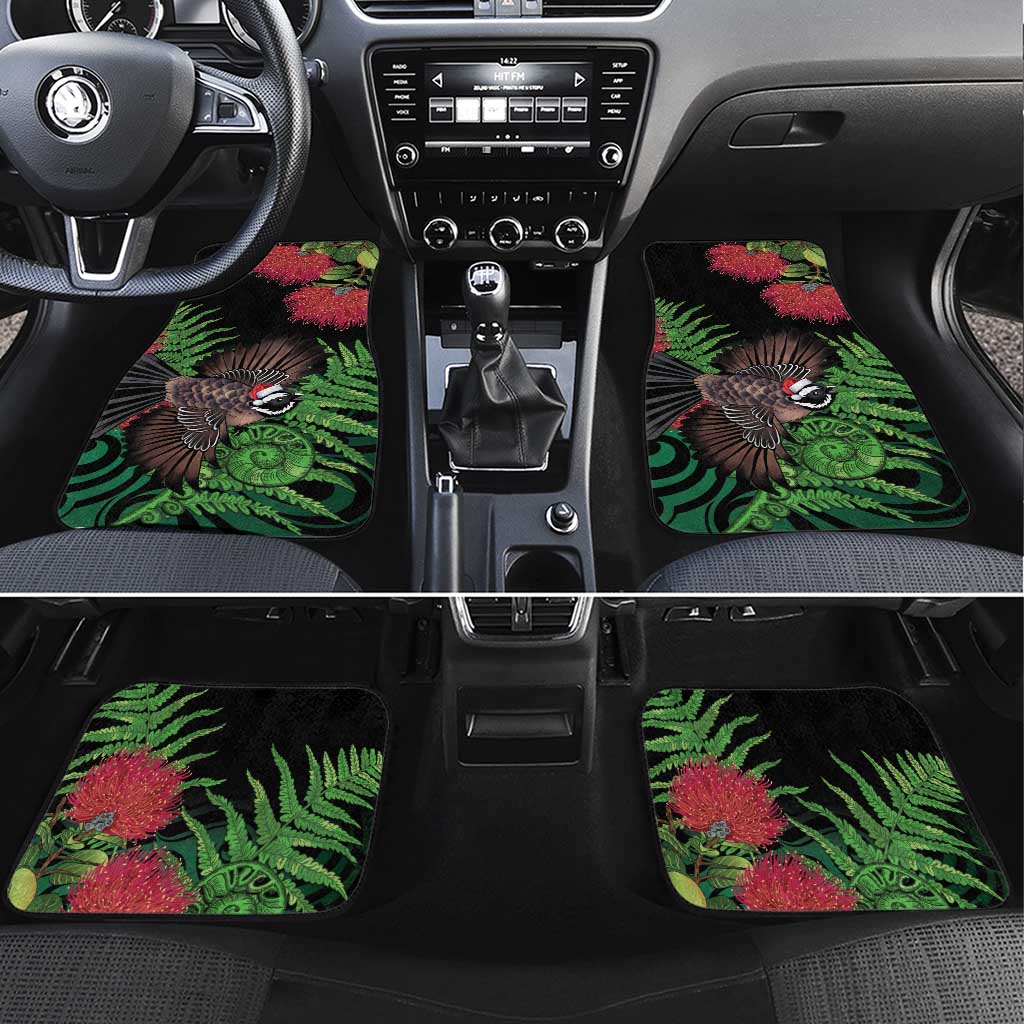 Meri Kirihimete New Zealand Car Mats Piwakawaka Koru Fern Mix Pohutukawa LT14 Set 4pcs Black - Polynesian Pride