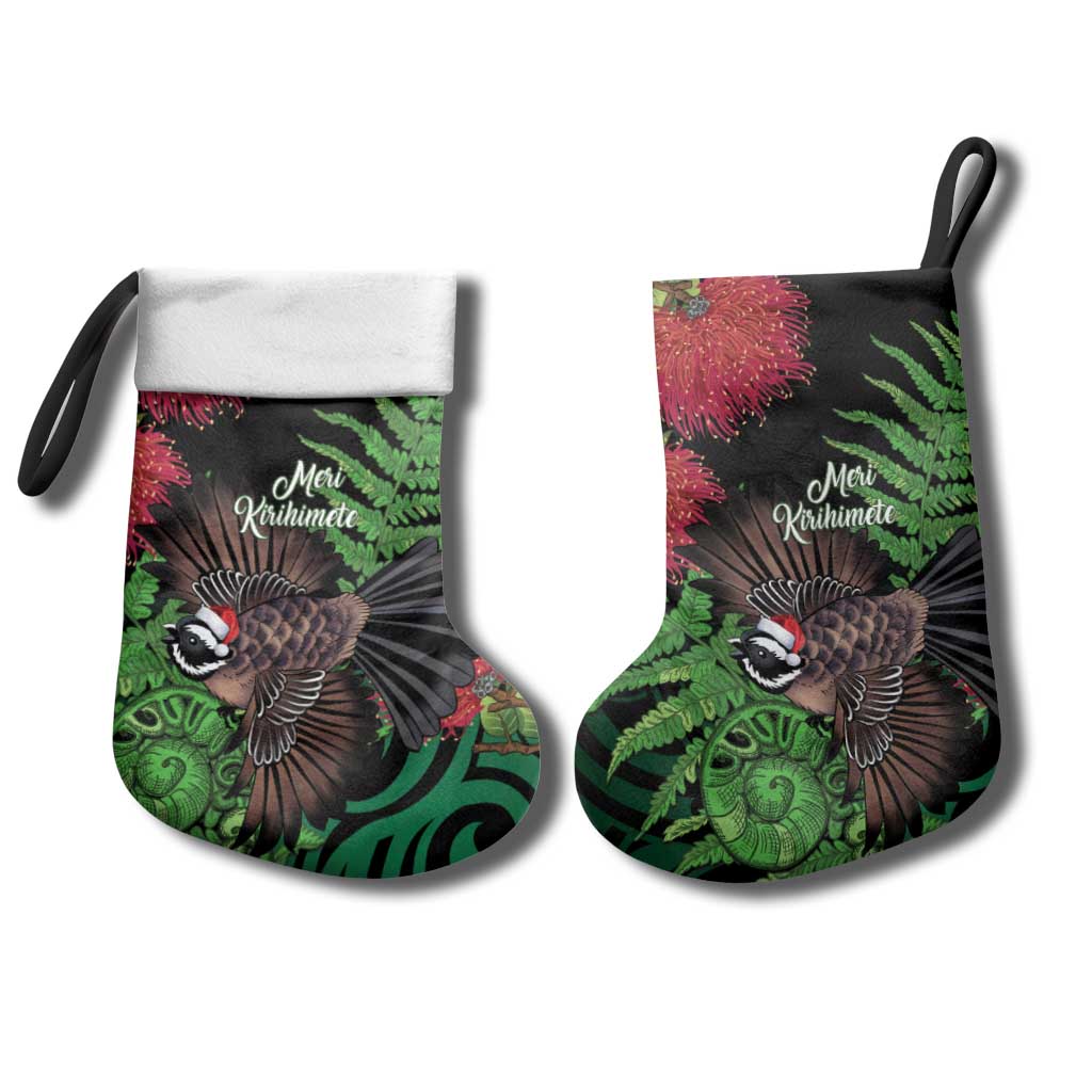 Meri Kirihimete New Zealand Christmas Stocking Piwakawaka Koru Fern Mix Pohutukawa - Polynesian Pride