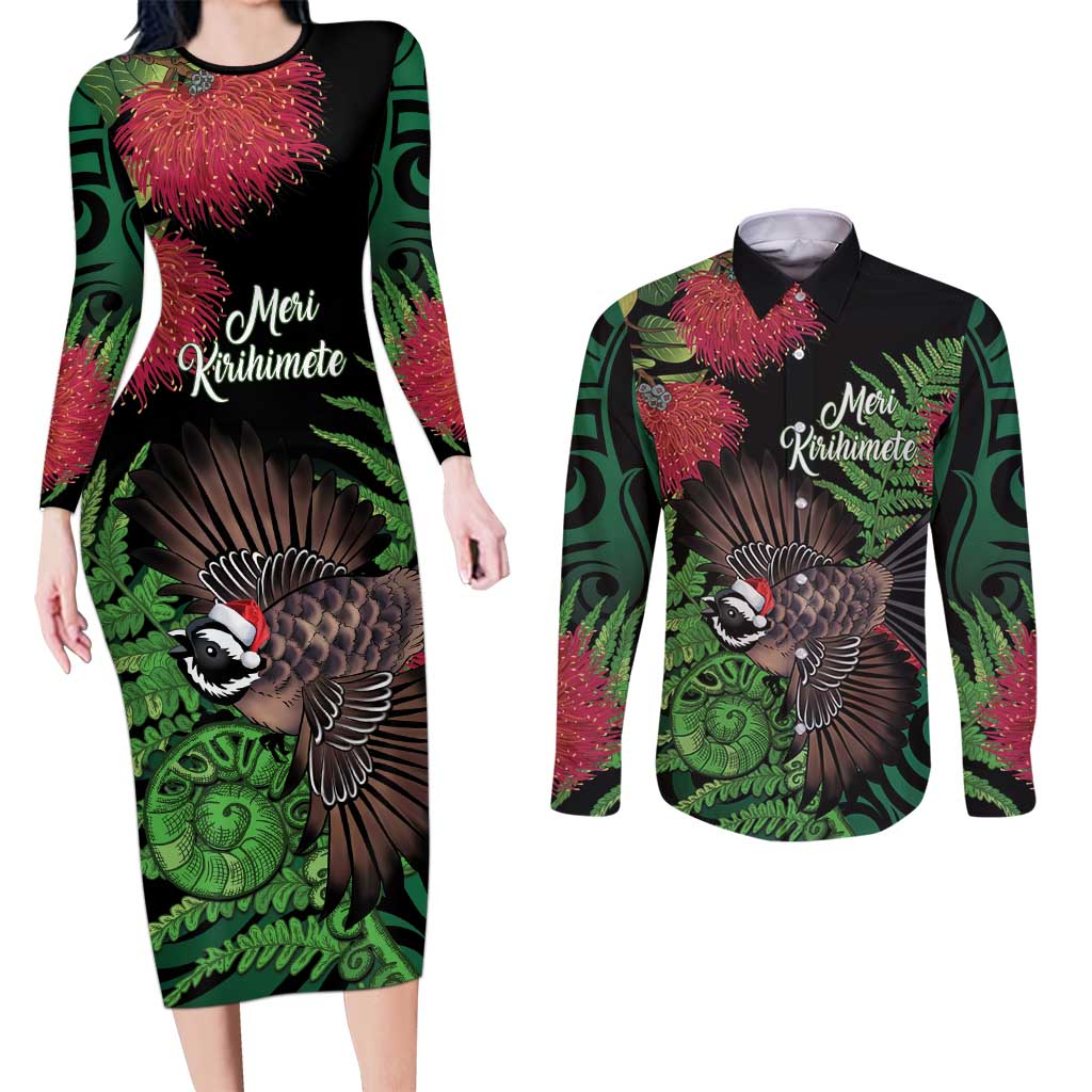 Meri Kirihimete New Zealand Couples Matching Long Sleeve Bodycon Dress and Long Sleeve Button Shirt Piwakawaka Koru Fern Mix Pohutukawa - Polynesian Pride