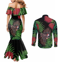 Meri Kirihimete New Zealand Couples Matching Mermaid Dress and Long Sleeve Button Shirt Piwakawaka Koru Fern Mix Pohutukawa - Polynesian Pride
