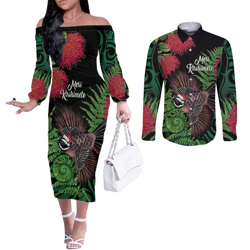 Meri Kirihimete New Zealand Couples Matching Off The Shoulder Long Sleeve Dress and Long Sleeve Button Shirt Piwakawaka Koru Fern Mix Pohutukawa - Polynesian Pride
