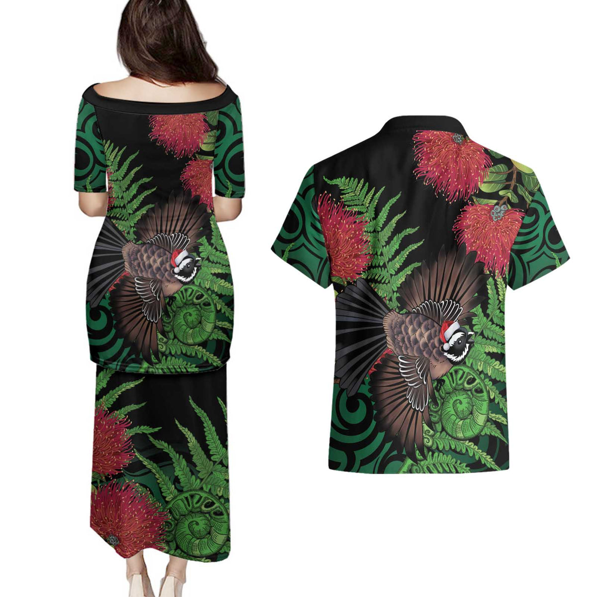 Meri Kirihimete New Zealand Couples Matching Puletasi and Hawaiian Shirt Piwakawaka Koru Fern Mix Pohutukawa - Polynesian Pride