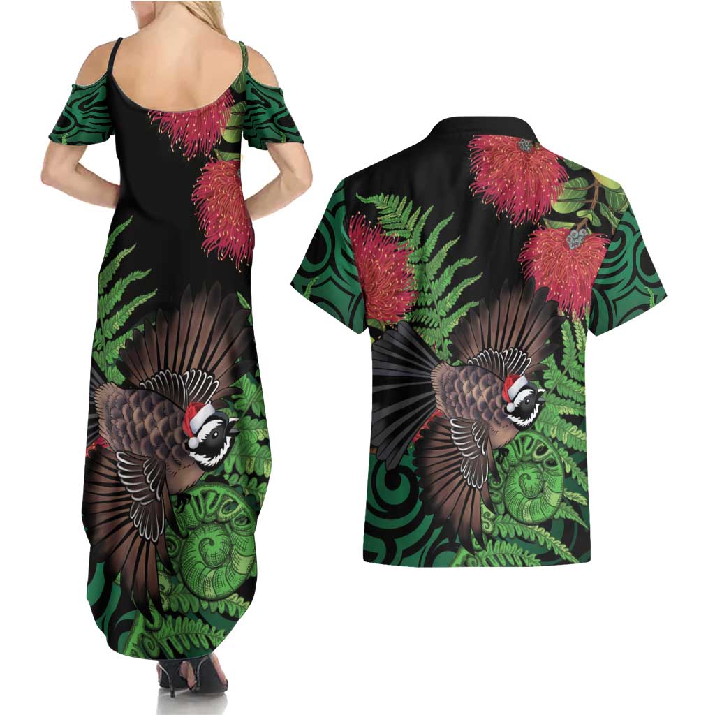 Meri Kirihimete New Zealand Couples Matching Summer Maxi Dress and Hawaiian Shirt Piwakawaka Koru Fern Mix Pohutukawa - Polynesian Pride