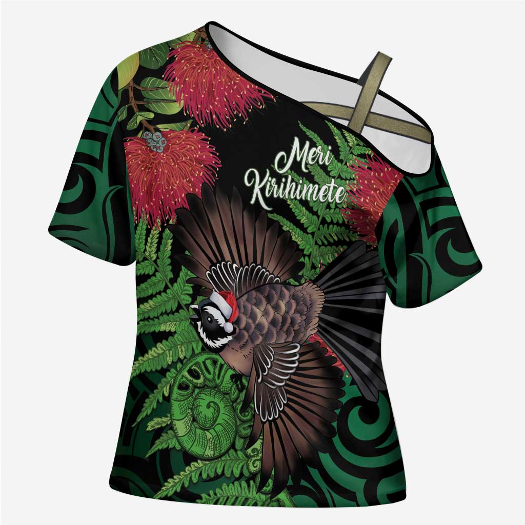 Meri Kirihimete New Zealand Cross Shoulder Shirt Piwakawaka Koru Fern Mix Pohutukawa - Polynesian Pride