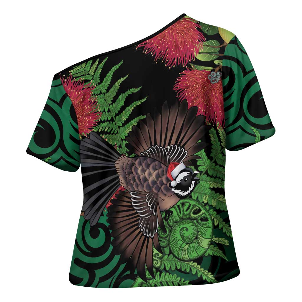 Meri Kirihimete New Zealand Cross Shoulder Shirt Piwakawaka Koru Fern Mix Pohutukawa - Polynesian Pride