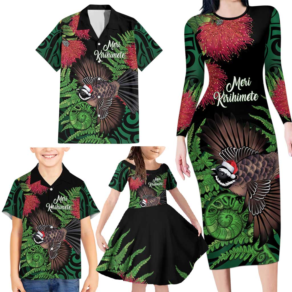 Meri Kirihimete New Zealand Family Matching Long Sleeve Bodycon Dress and Hawaiian Shirt Piwakawaka Koru Fern Mix Pohutukawa - Polynesian Pride