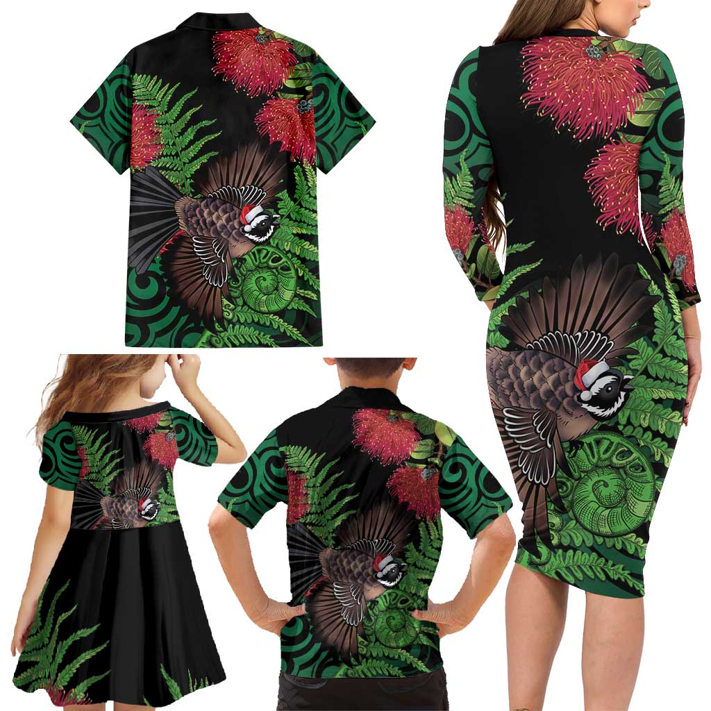 Meri Kirihimete New Zealand Family Matching Long Sleeve Bodycon Dress and Hawaiian Shirt Piwakawaka Koru Fern Mix Pohutukawa - Polynesian Pride