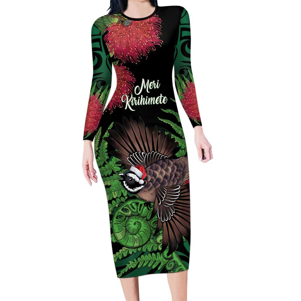 Meri Kirihimete New Zealand Family Matching Long Sleeve Bodycon Dress and Hawaiian Shirt Piwakawaka Koru Fern Mix Pohutukawa - Polynesian Pride