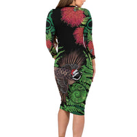 Meri Kirihimete New Zealand Family Matching Long Sleeve Bodycon Dress and Hawaiian Shirt Piwakawaka Koru Fern Mix Pohutukawa - Polynesian Pride