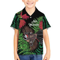 Meri Kirihimete New Zealand Family Matching Long Sleeve Bodycon Dress and Hawaiian Shirt Piwakawaka Koru Fern Mix Pohutukawa - Polynesian Pride