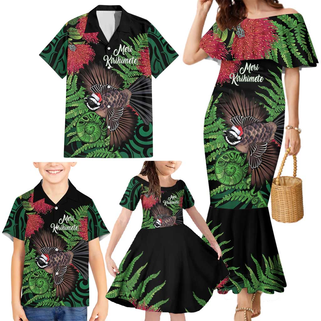 Meri Kirihimete New Zealand Family Matching Mermaid Dress and Hawaiian Shirt Piwakawaka Koru Fern Mix Pohutukawa - Polynesian Pride
