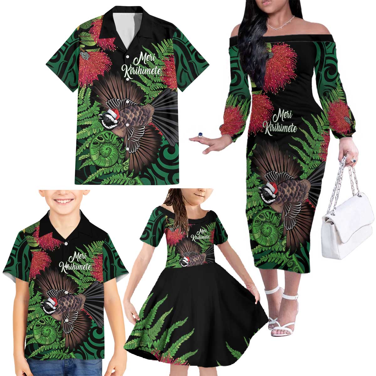 Meri Kirihimete New Zealand Family Matching Off The Shoulder Long Sleeve Dress and Hawaiian Shirt Piwakawaka Koru Fern Mix Pohutukawa - Polynesian Pride