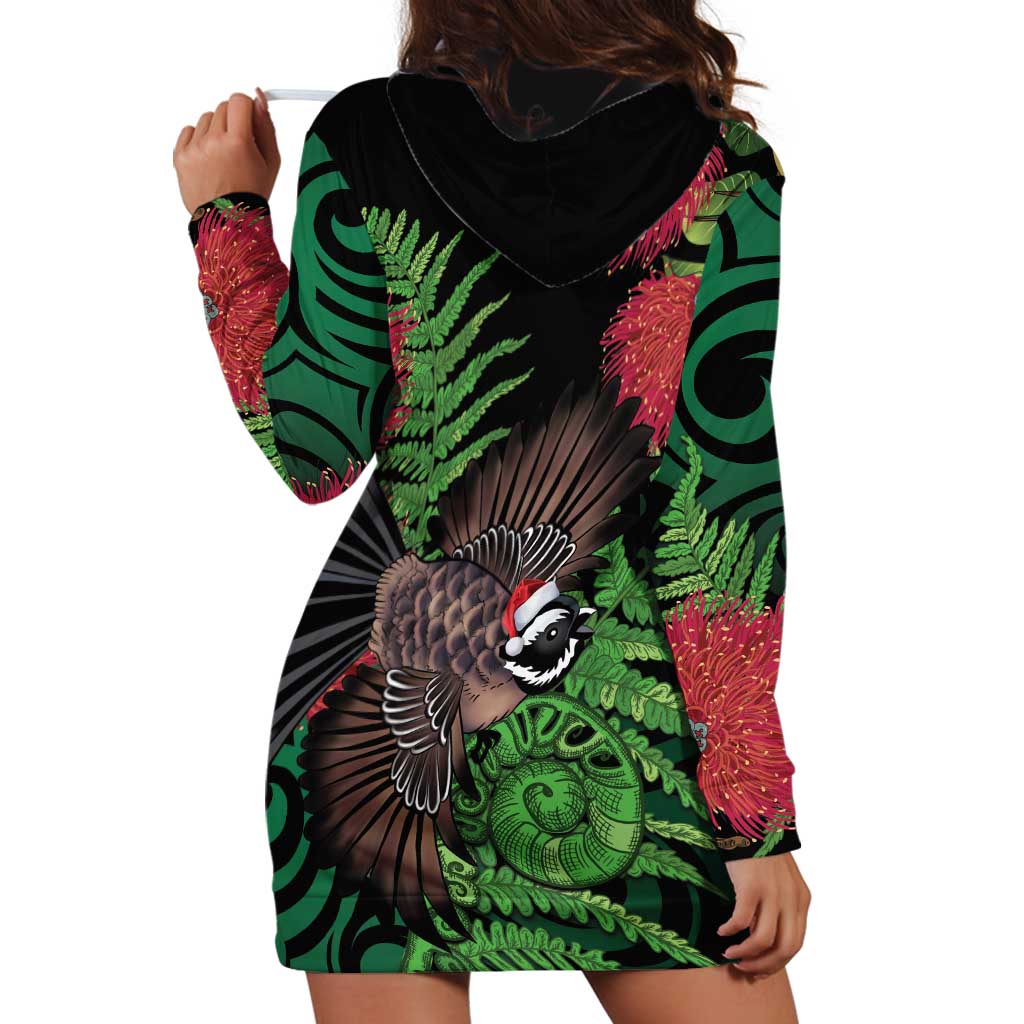 Meri Kirihimete New Zealand Hoodie Dress Piwakawaka Koru Fern Mix Pohutukawa - Polynesian Pride