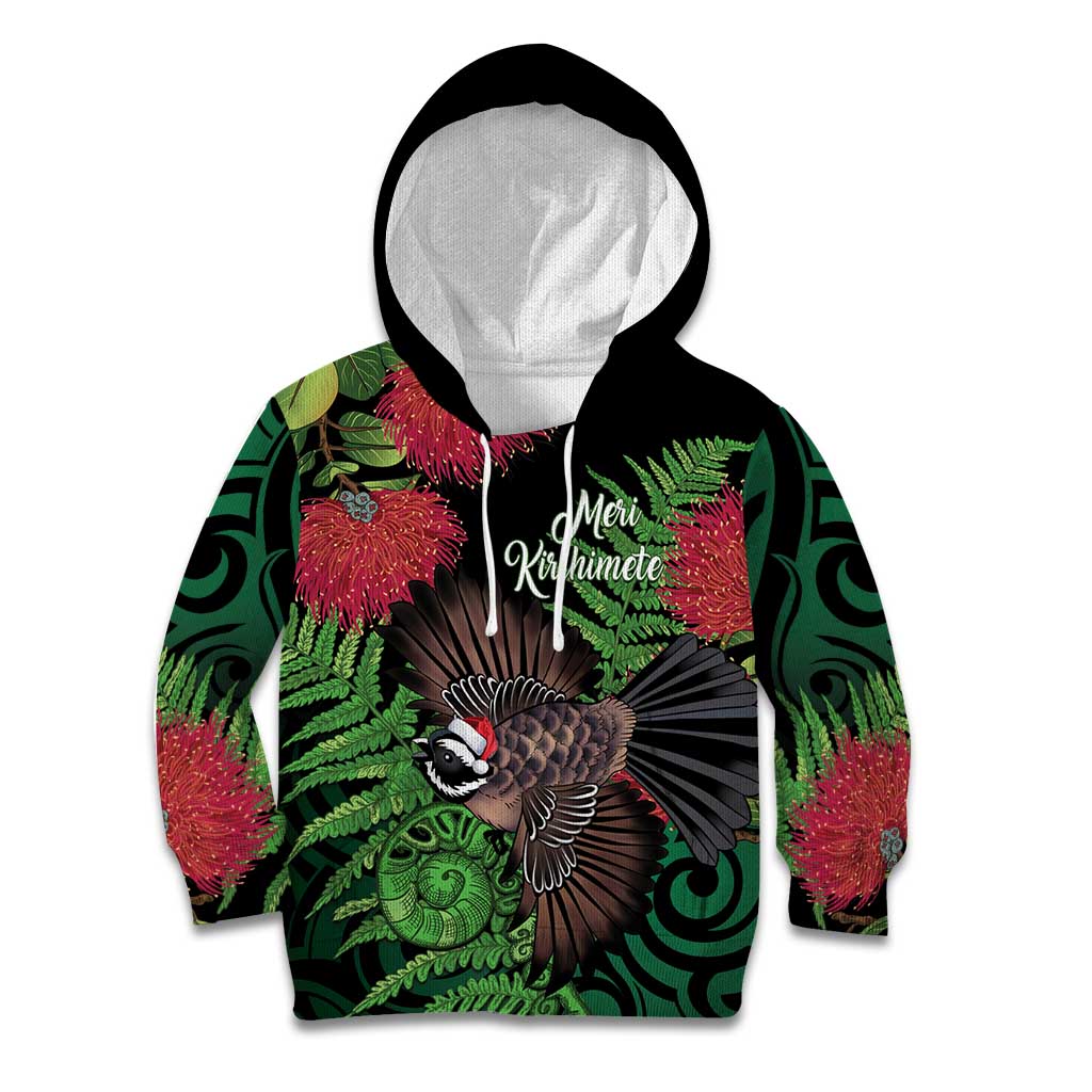 Meri Kirihimete New Zealand Kid Hoodie Piwakawaka Koru Fern Mix Pohutukawa - Polynesian Pride