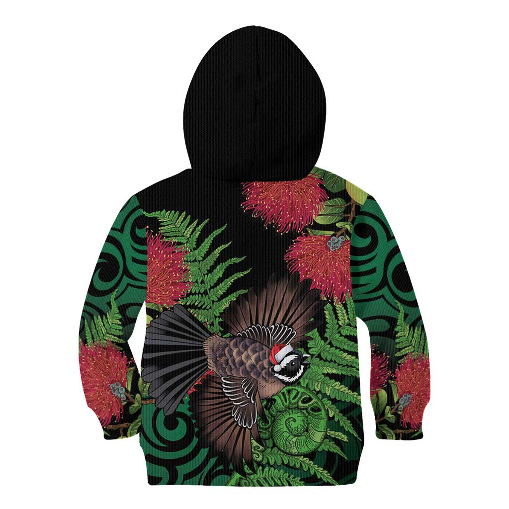Meri Kirihimete New Zealand Kid Hoodie Piwakawaka Koru Fern Mix Pohutukawa - Polynesian Pride