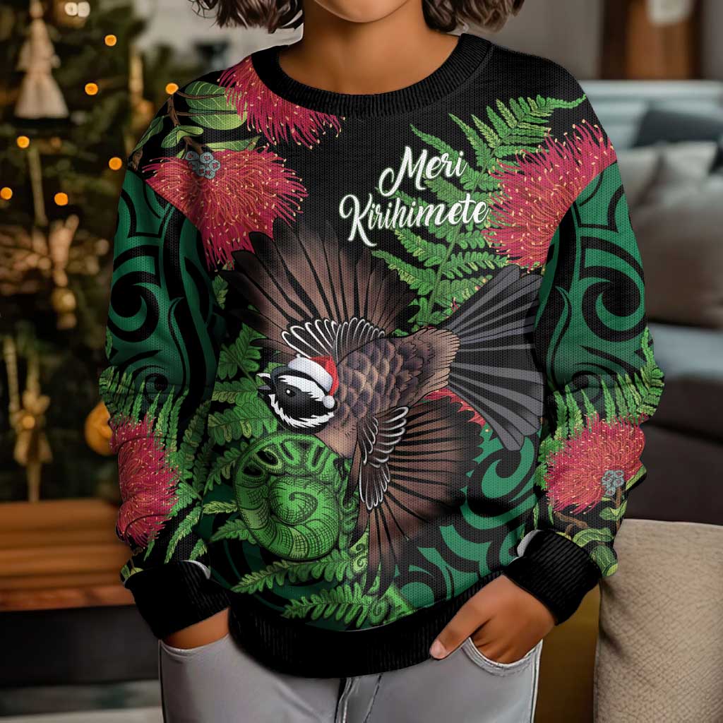 Meri Kirihimete New Zealand Kid Ugly Christmas Sweater Piwakawaka Koru Fern Mix Pohutukawa LT14 - Polynesian Pride