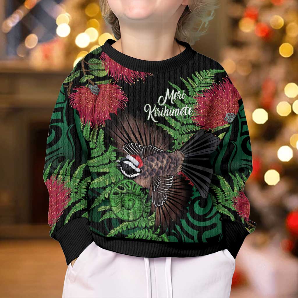 Meri Kirihimete New Zealand Kid Ugly Christmas Sweater Piwakawaka Koru Fern Mix Pohutukawa LT14 - Polynesian Pride