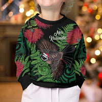 Meri Kirihimete New Zealand Kid Ugly Christmas Sweater Piwakawaka Koru Fern Mix Pohutukawa LT14 - Polynesian Pride