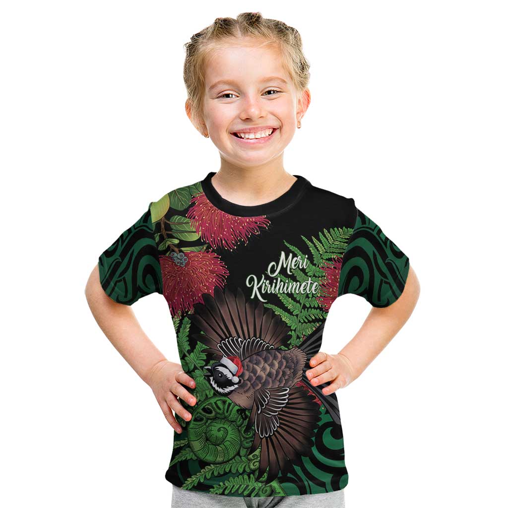 Meri Kirihimete New Zealand Kid T Shirt Piwakawaka Koru Fern Mix Pohutukawa - Polynesian Pride
