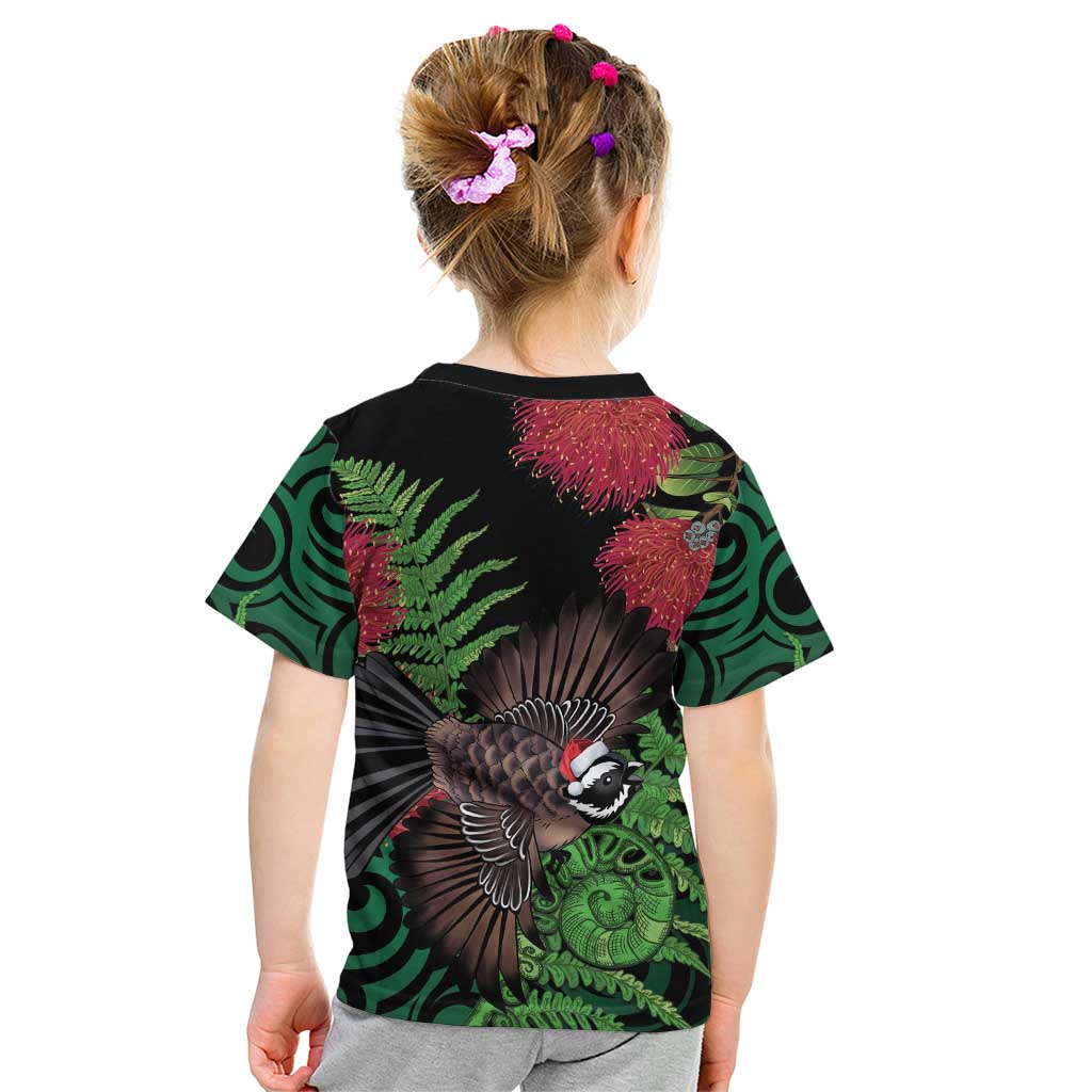 Meri Kirihimete New Zealand Kid T Shirt Piwakawaka Koru Fern Mix Pohutukawa - Polynesian Pride