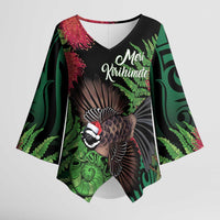 Meri Kirihimete New Zealand Kimono Sleeve Blouse Piwakawaka Koru Fern Mix Pohutukawa - Polynesian Pride