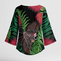 Meri Kirihimete New Zealand Kimono Sleeve Blouse Piwakawaka Koru Fern Mix Pohutukawa - Polynesian Pride