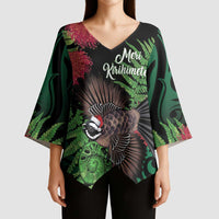 Meri Kirihimete New Zealand Kimono Sleeve Blouse Piwakawaka Koru Fern Mix Pohutukawa - Polynesian Pride